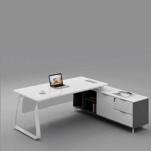 Moritz 1.6×1.6m Gloss White L Shape Office Desk w/Cabinet Fluid Steel Leg