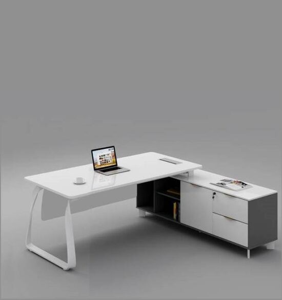 Moritz 1.6×1.6m Gloss White L Shape Office Desk w/Cabinet Fluid Steel Leg